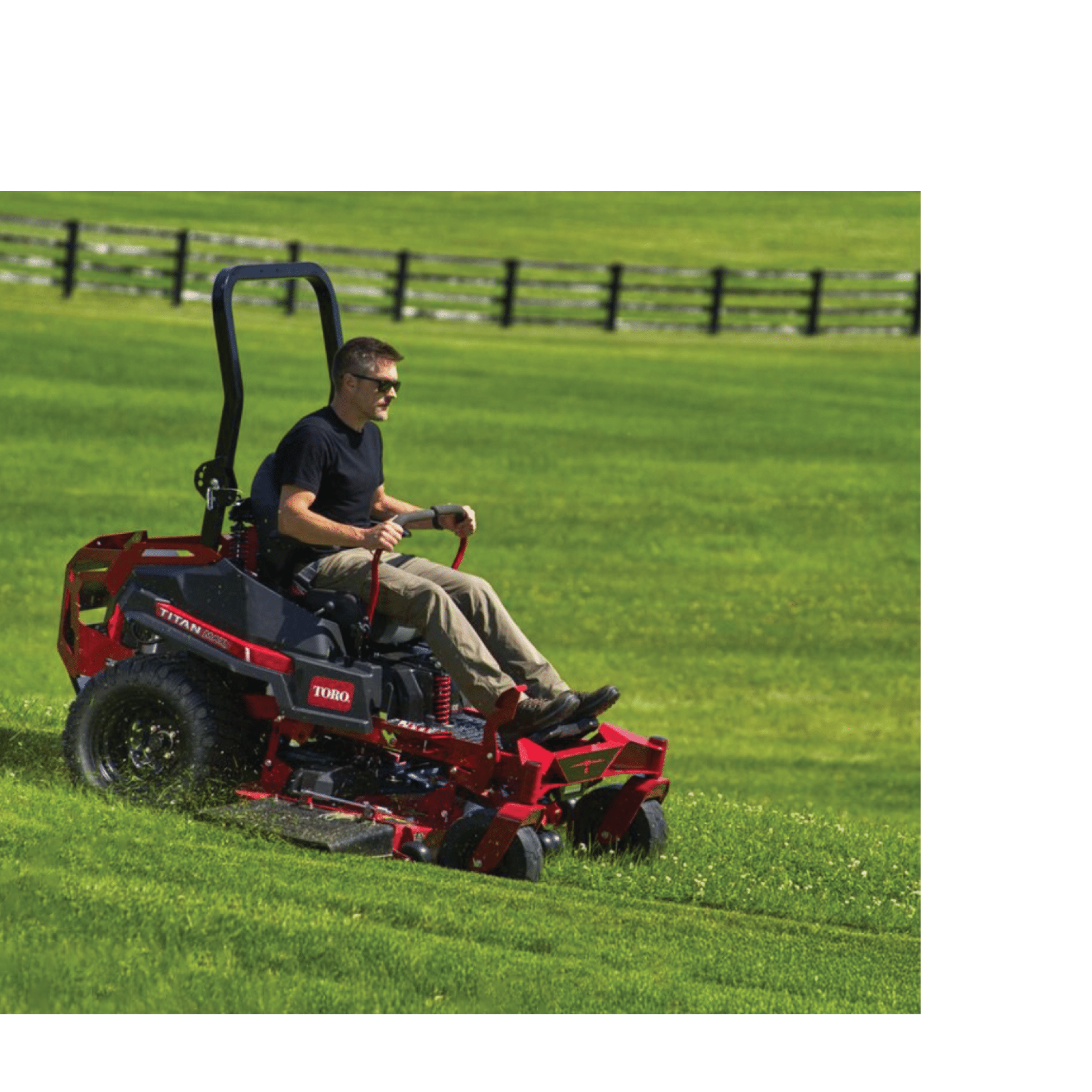 A man is sitting on a red and black lawn mower. Description generated by AI